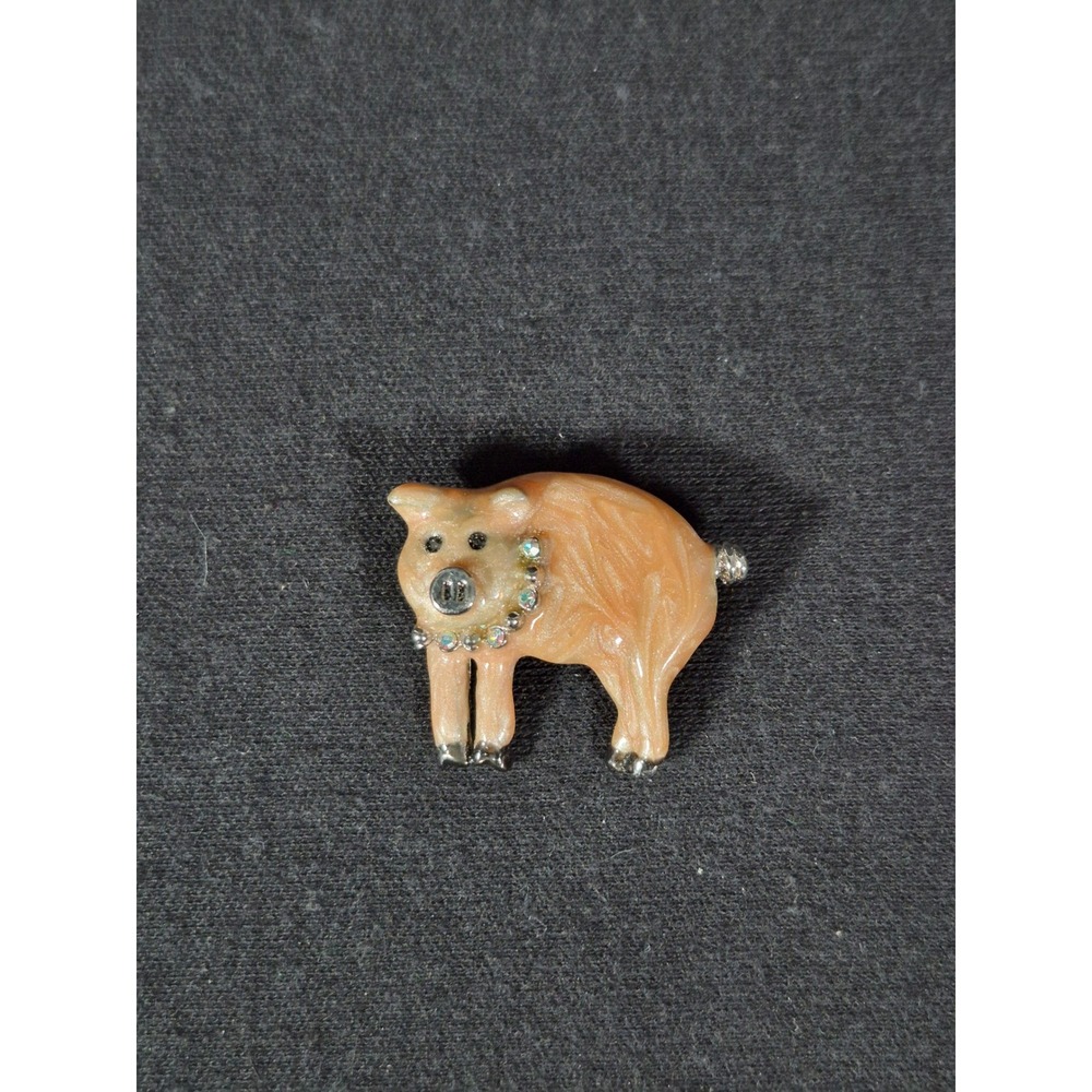 Danecraft Vintage Pig Brooch Pink Enamel Rhinestone Collar Silver Tone Pin
